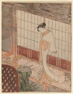 Cortesana en atuendo nocturno de pie en una veranda, c.1767 de Suzuki Harunobu
